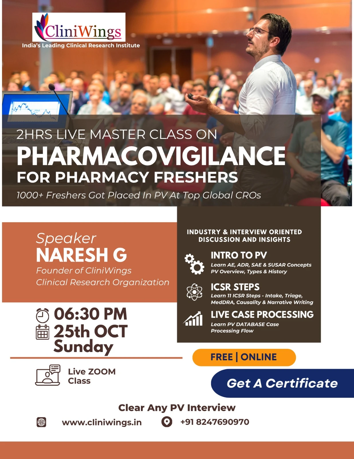 Free 2-hour live master class on Pharmacovigilance for pharmacy freshers, Sunday 25 October 2026 at 6:30 PM on Zoom, with certificate