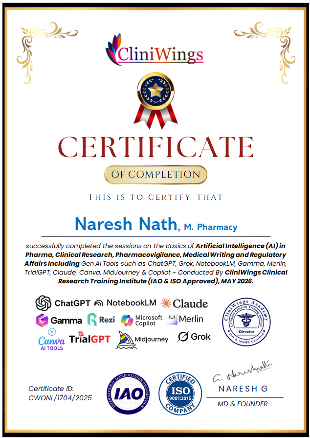 CliniWings certificate of completion - AI in Pharma & Clinical Research sessions