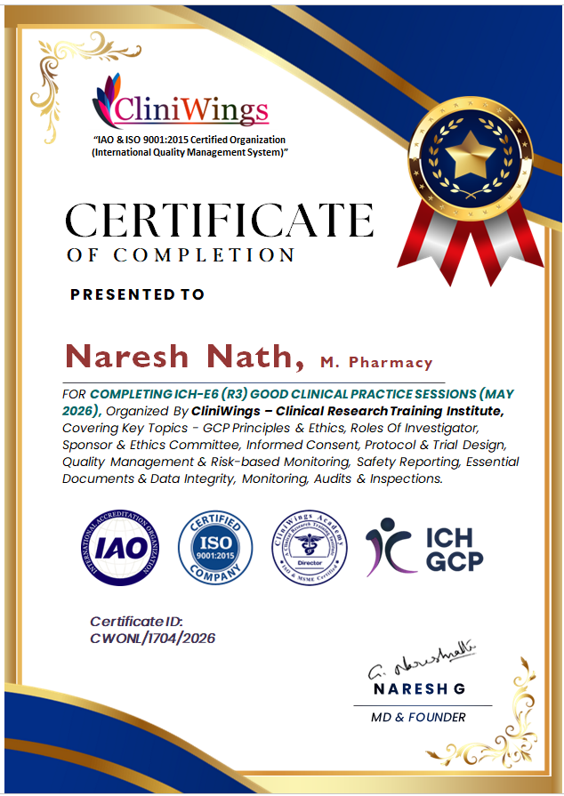 CliniWings certificate of completion - ICH-E6 (R3) Good Clinical Practice sessions
