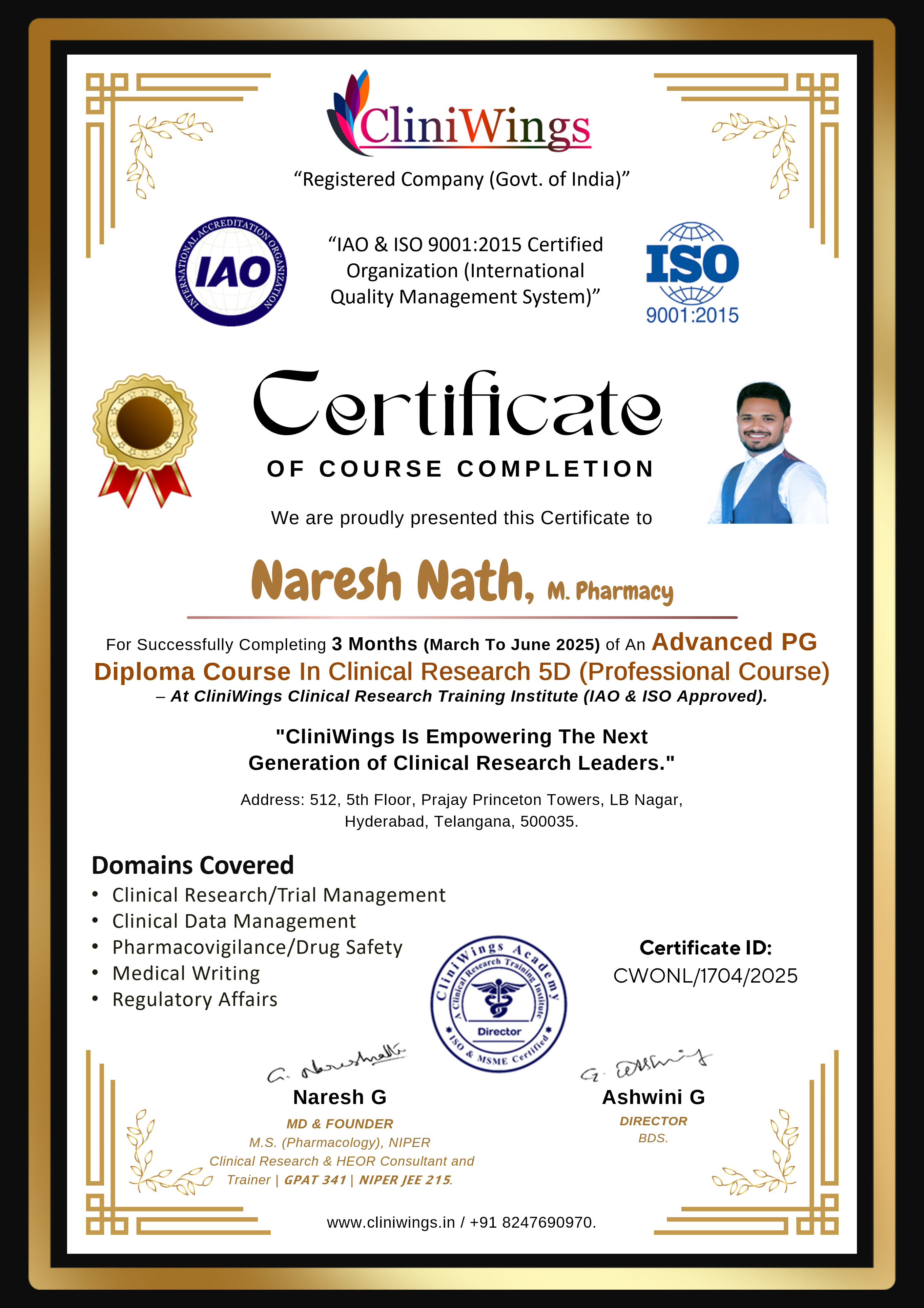 CliniWings certificate of course completion - Advanced PG Diploma Course in Clinical Research 5D