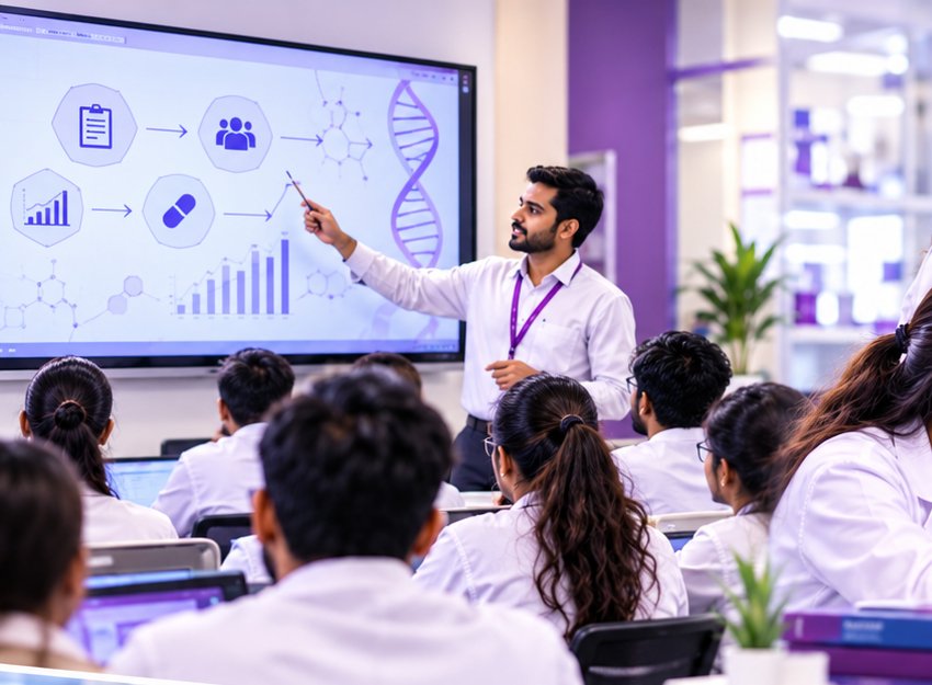 CliniWings trainer teaching clinical research in a smart classroom