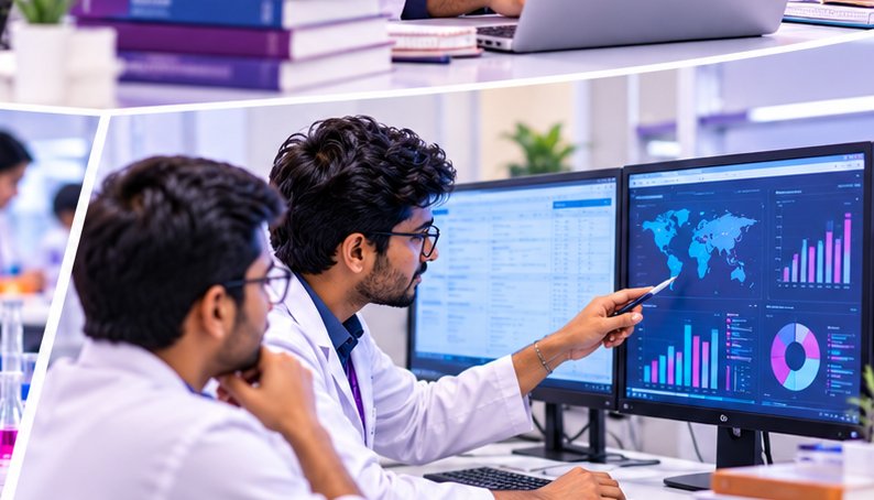 CliniWings students analysing clinical data on screens